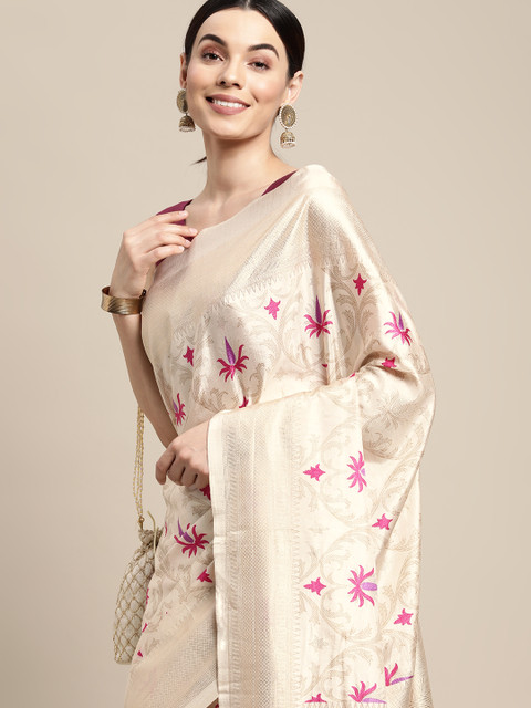 

SANGAM PRINTS Off White & Pink Ethnic Motifs Silk Blend Saree