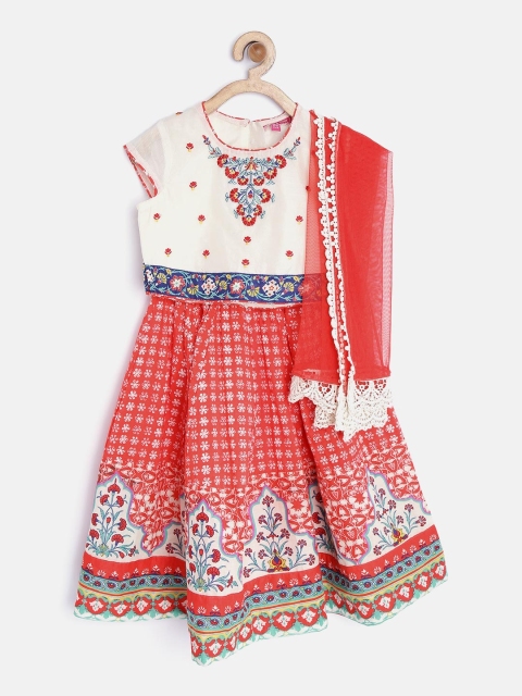 

Biba Girls Coral Red & Off-White Printed Lehenga Choli with Dupatta