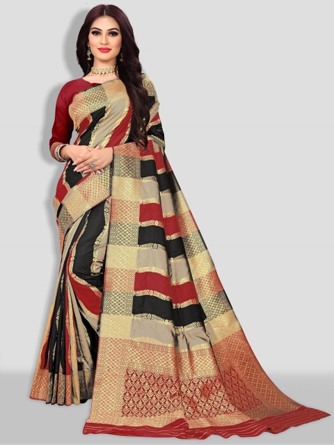 

Rivana Maroon & Black Woven Design Zari Pure Silk Banarasi Saree