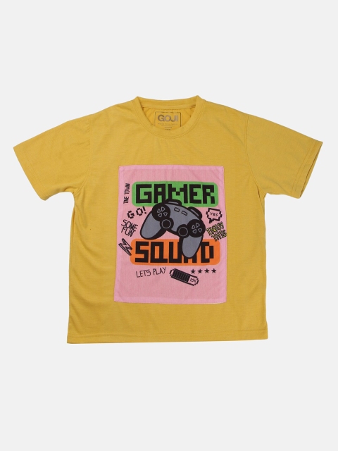 

GOJI Kids Mustard Yellow Typography Printed V-Neck Applique T-shirt