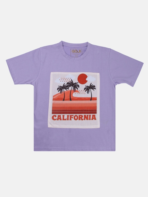 

GOJI Kids Lavender Typography Printed V-Neck Applique T-shirt