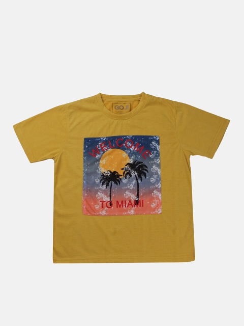 

GOJI Kids Mustard Yellow Printed Tropical Applique T-shirt
