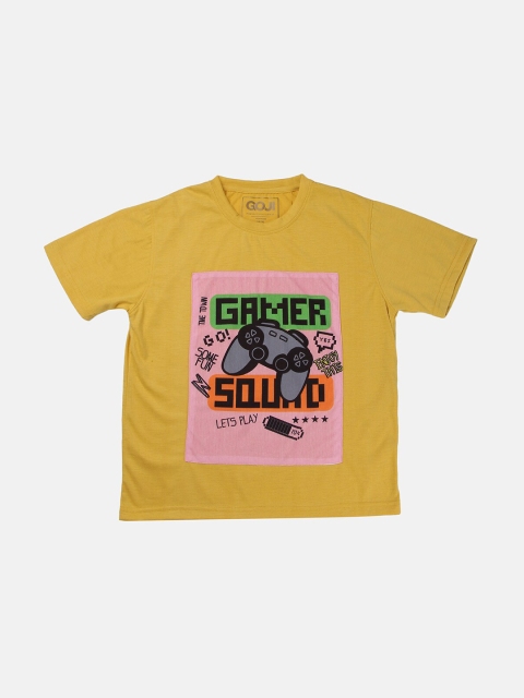 

GOJI Kids Mustard Yellow Typography Printed V-Neck Applique T-shirt