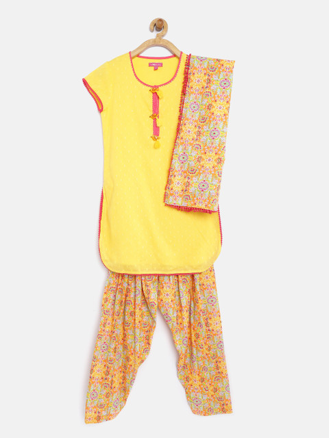 

Biba Girls Yellow Printed Salwar Kurta with Dupatta