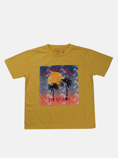 

GOJI Kids Mustard Yellow Printed Tropical Applique T-shirt