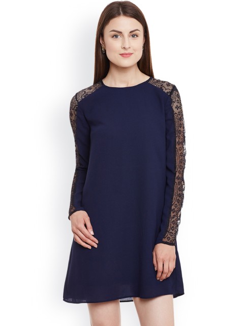 

Kazo Navy A-Line Dress with Lace Detail, Navy blue