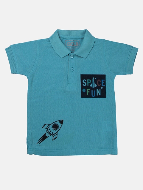 

GOJI Boys Sea Green Typography Polo Collar Applique T-shirt