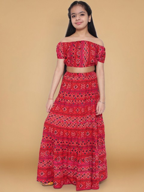 

titliyan Girls Red & Blue Printed Top with Skirt