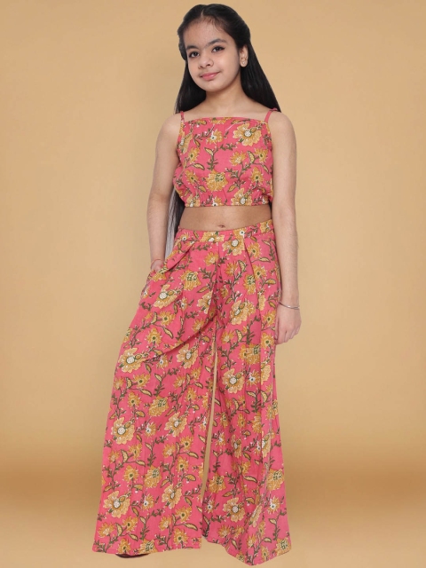 

titliyan Girls Pink & Yellow Printed Pure Cotton Top with Palazzos