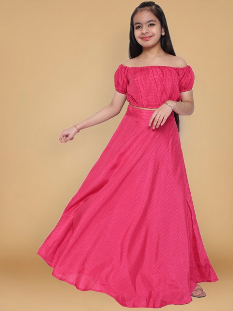 

titliyan Girls Fuchsia Checked Off-Shoulder Crop Top with Skirt