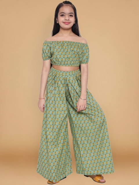 

titliyan Girls Green & Yellow Printed Crop Top with Palazzos