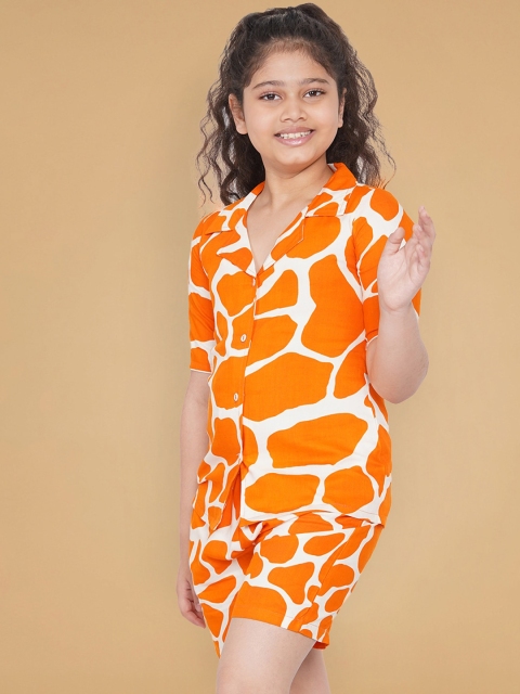 

titliyan Girls Orange & White Animal Printed Night suit
