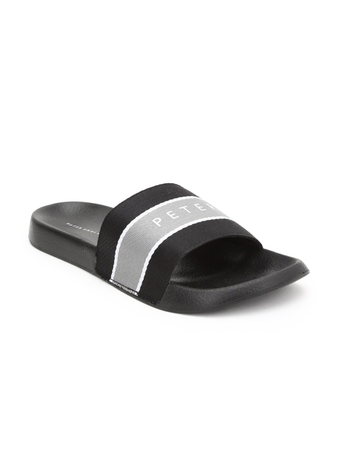 

Peter England Men Grey & Black Striped Rubber Sliders