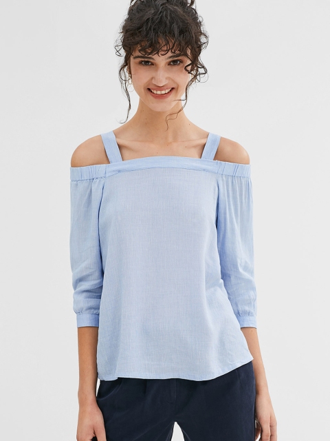 

ESPRIT Women Blue Pinstriped Bardot Top