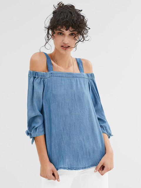 

ESPRIT Women Blue Solid Chambray Bardot Top