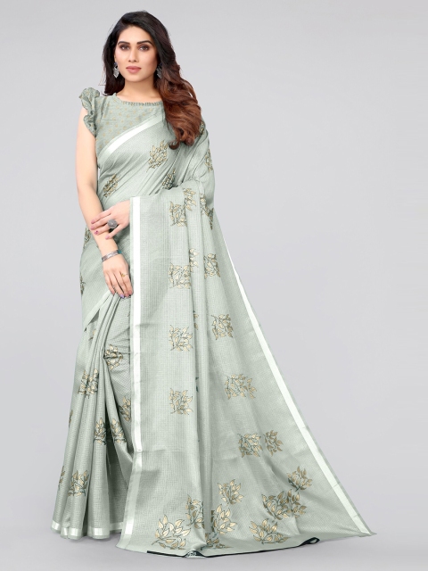 

MIRCHI FASHION Sea Green & White Embellished Zari Kota Saree