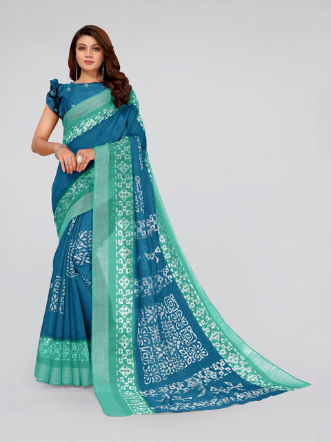 

MIRCHI FASHION Blue & Green Batik Block Print Saree