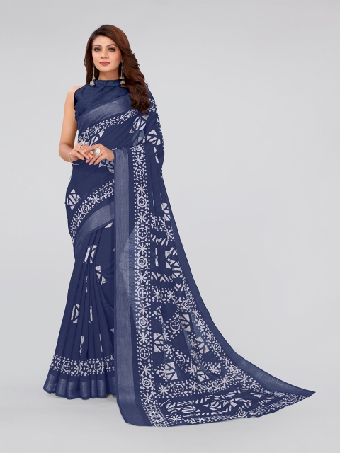 

MIRCHI FASHION Navy Blue & White Batik Zari Block Print Saree