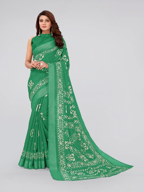 

MIRCHI FASHION Green & Cream-Coloured Batik Block Print Saree