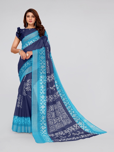 

MIRCHI FASHION Navy Blue & White Batik Zari Block Print Saree