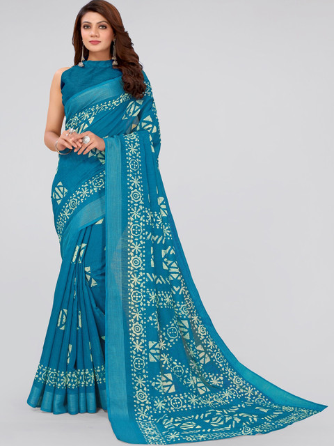 

MIRCHI FASHION Blue & Cream-Coloured Batik Block Print Saree