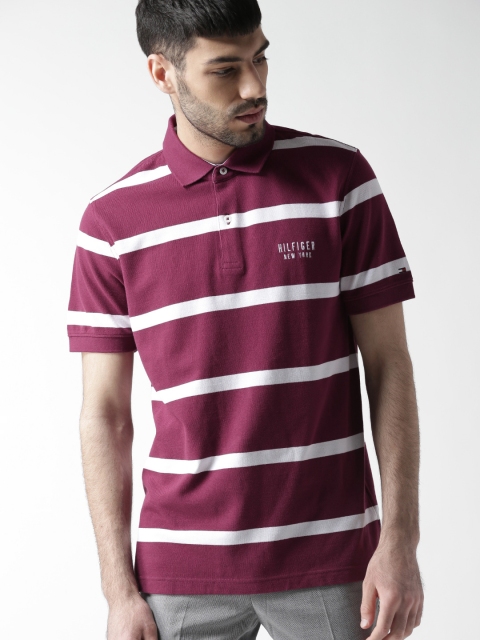 

Tommy Hilfiger Men Magenta Striped Polo Collar T-shirt