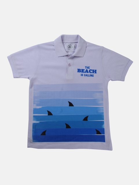 

GOJI Boys Lavender Typography Striped Polo Collar Applique T-shirt