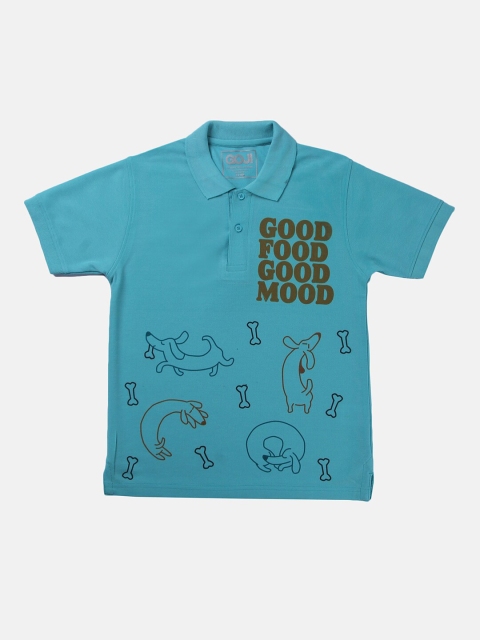 

GOJI Boys Sea Green Typography Printed Polo Collar Applique T-shirt