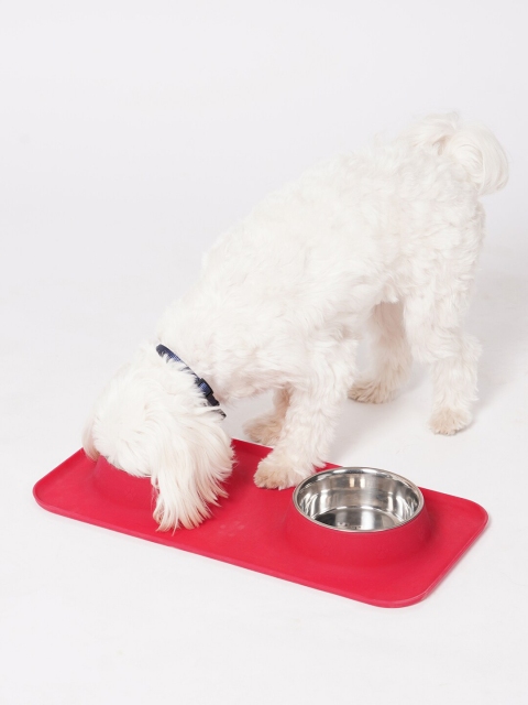 

thepawpstarco Red & Silver-Toned Solid Anti-Skid Dog Bowl With Mat