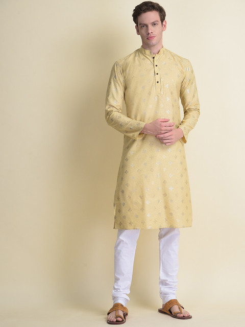 

NAMASKAR Men Gold-Toned Floral Mirror Work Pure Cotton Kurta with Pyjamas