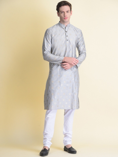 

NAMASKAR Men Grey Floral Embroidered Mirror Work Pure Cotton Kurta with Churidar