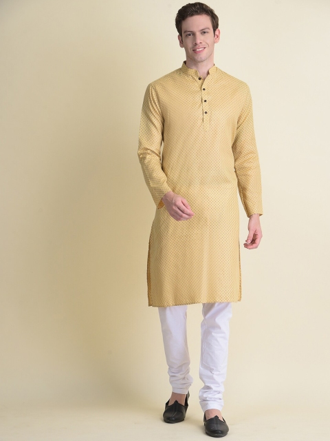 

NAMASKAR Men Beige Pleated Mirror Work Pure Cotton Kurta with Pyjamas