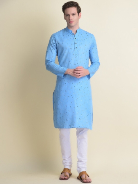

NAMASKAR Men Blue Mirror Work Pure Cotton Kurta with Churidar
