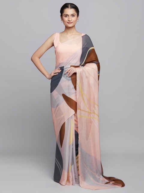 

navyasa Peach-Coloured & Brown Saree