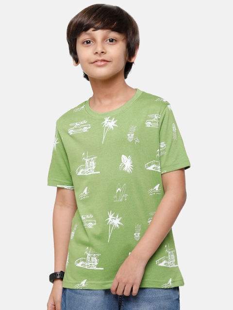 

CP BRO Boys Green Floral Printed Tropical Raw Edge Slim Fit T-shirt