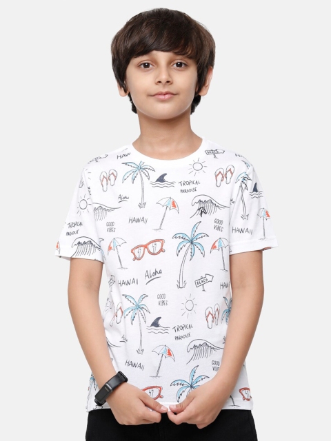 

CP BRO Boys White Printed Raw Edge Slim Fit T-shirt