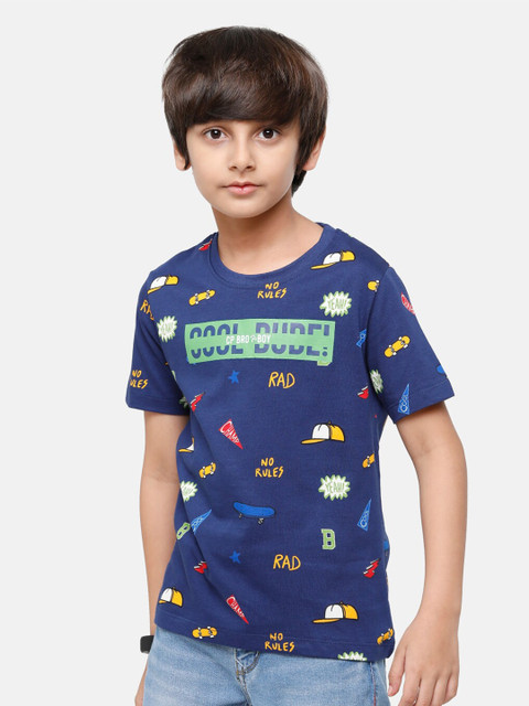 

CP BRO Boys Blue Printed Extended Sleeves Applique Slim Fit T-shirt