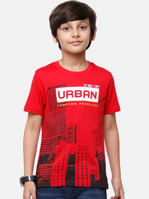 

CP BRO Boys Red Printed Applique Slim Fit T-shirt