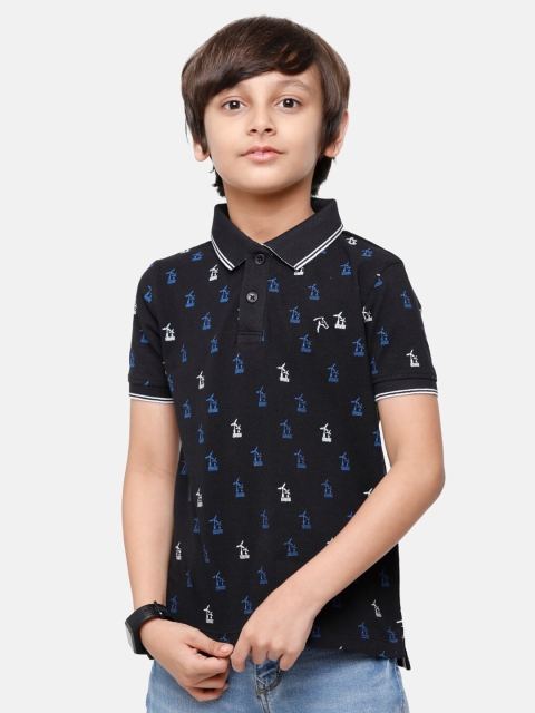 

CP BRO Boys Black Printed Polo Collar Tropical Slim Fit T-shirt