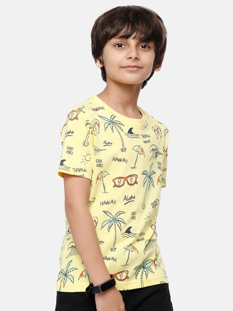 

CP BRO Boys Yellow Floral Printed Tropical Slim Fit T-shirt