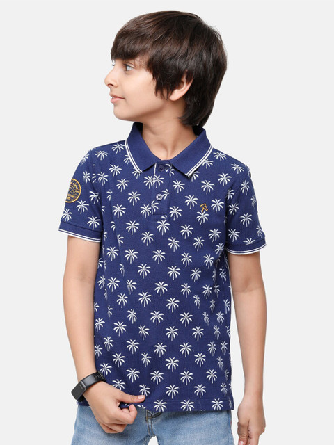 

CP BRO Boys Blue Printed Polo Collar Slim Fit T-shirt
