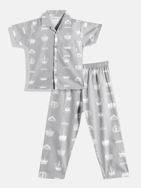 

NAUTI KIDZ Boys Grey & White Conversational Print Pure Cotton Pyjama Set