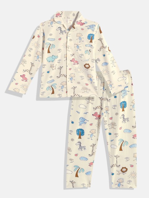 

NAUTI KIDZ Boys Off White & Blue Conversational Print Pure Cotton Pyjama Set