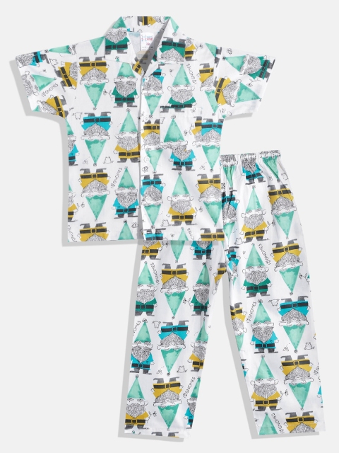 

NAUTI KIDZ Boys White & Green Conversational Print Pure Cotton Pyjama Set