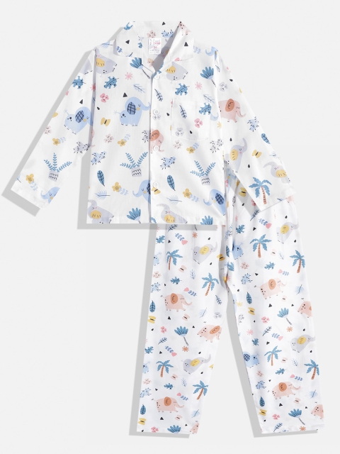 

NAUTI KIDZ Boys White & Blue Conversational Print Pure Cotton Pyjama Set