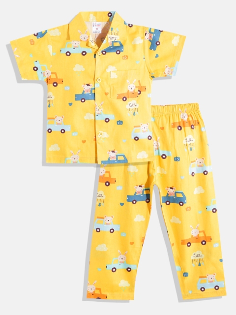 

NAUTI KIDZ Boys Yellow & Green Conversational Print Pure Cotton Pyjama Set