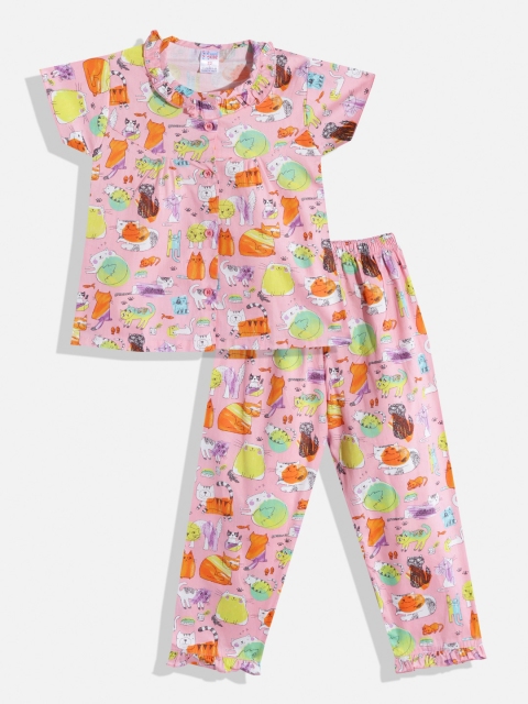 

NAUTI KIDZ Girls Pink & Orange Conversational Print Pure Cotton Pyjama Set