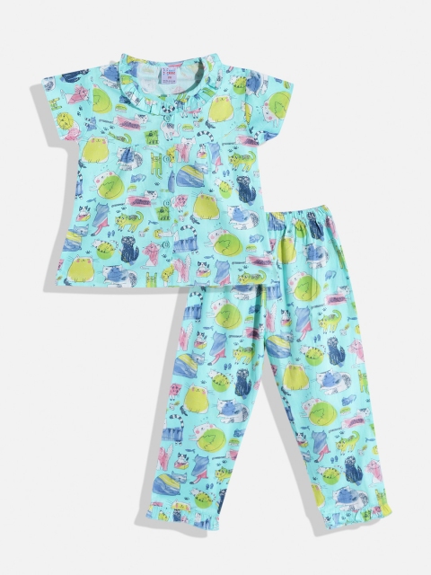 

NAUTI KIDZ Girls Green & Blue Conversational Print Pure Cotton Pyjama Set