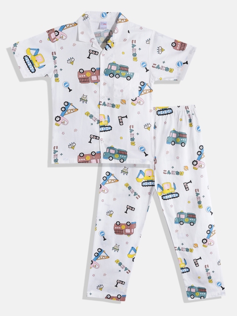

NAUTI KIDZ Boys White & Brown Conversational Print Pure Cotton Pyjama Set