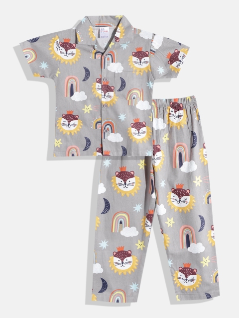 

NAUTI KIDZ Boys Grey & White Conversational Print Pure Cotton Pyjama Set